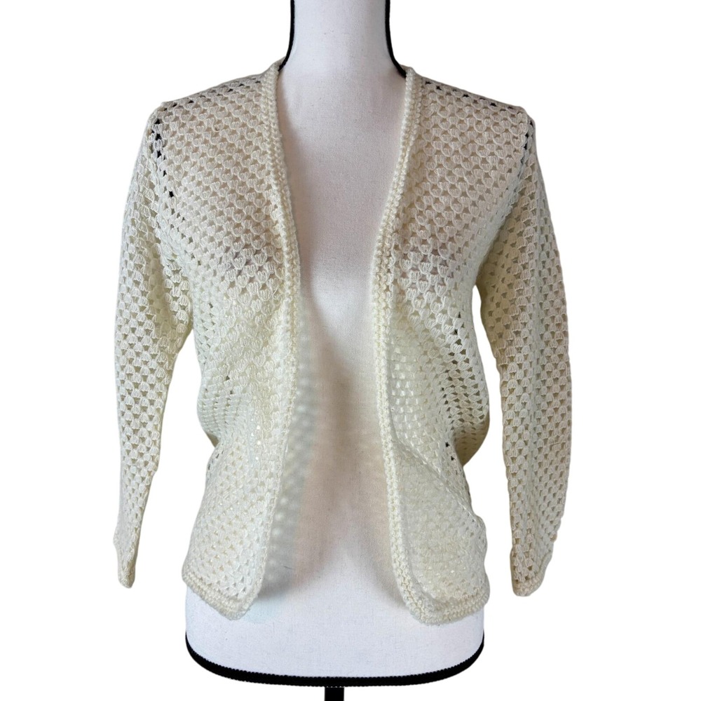 Romantic Vintage 50s Off White‎ Open Front Knit Cardigan Sweater Women's Medium